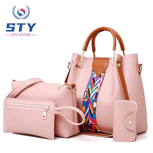 4 In 1 Ladies Handbags Women Shoulder Bags Set PU Leather -Pink