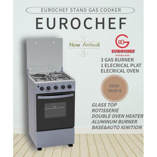 EG55-3G1E+E OVEN Free Stand Glass Top Cooker,rotisserie Silver, 60L, Oven Timer