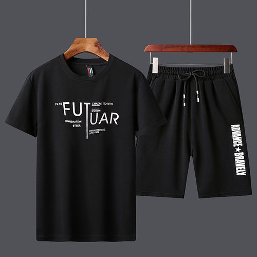 Men's 2 In 1 Short Sleeve T-Shirt & Shorts Set- Black